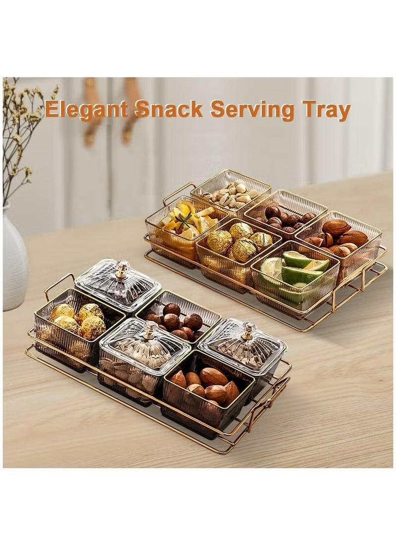Snack Serving Tray with Lid 6 Clear Candy and Nut Serving Container set with Metal Rack, Plastic Appetizer Platter Relish Storage Organizer Plate Food Display Bowls for Vegetables Candy Fruit Dips