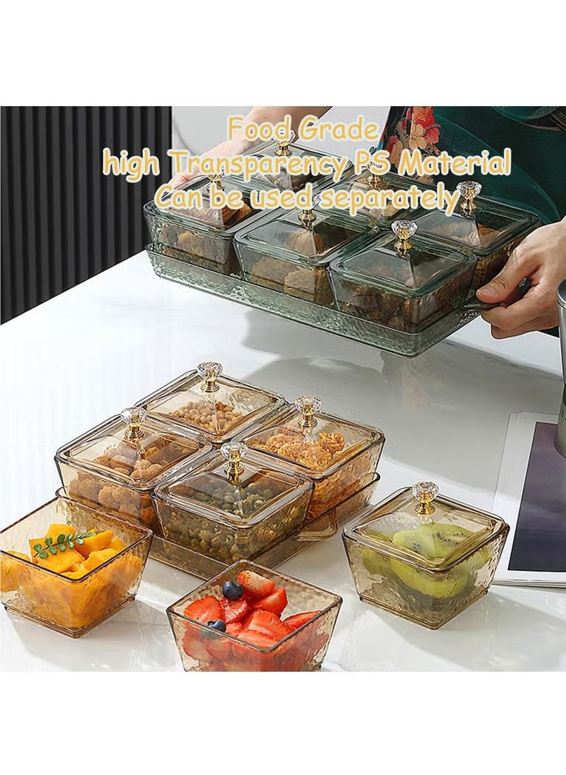 Snack Serving Tray with Lid 6 Clear Candy and Nut Serving Container set with Metal Rack, Plastic Appetizer Platter Relish Storage Organizer Plate Food Display Bowls for Vegetables Candy Fruit Dips