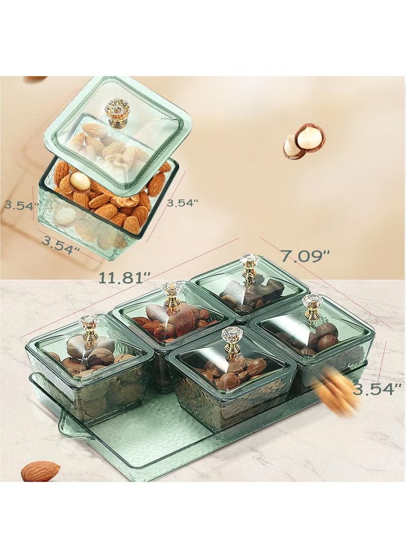 Snack Serving Tray with Lid 6 Clear Candy and Nut Serving Container set with Metal Rack, Plastic Appetizer Platter Relish Storage Organizer Plate Food Display Bowls for Vegetables Candy Fruit Dips