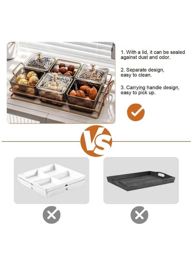 Snack Serving Tray with Lid 6 Clear Candy and Nut Serving Container set with Metal Rack, Plastic Appetizer Platter Relish Storage Organizer Plate Food Display Bowls for Vegetables Candy Fruit Dips