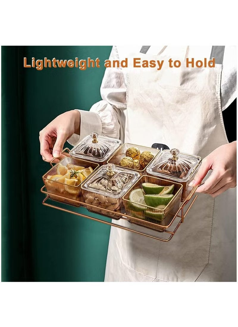 Snack Serving Tray with Lid 6 Clear Candy and Nut Serving Container set with Metal Rack, Plastic Appetizer Platter Relish Storage Organizer Plate Food Display Bowls for Vegetables Candy Fruit Dips