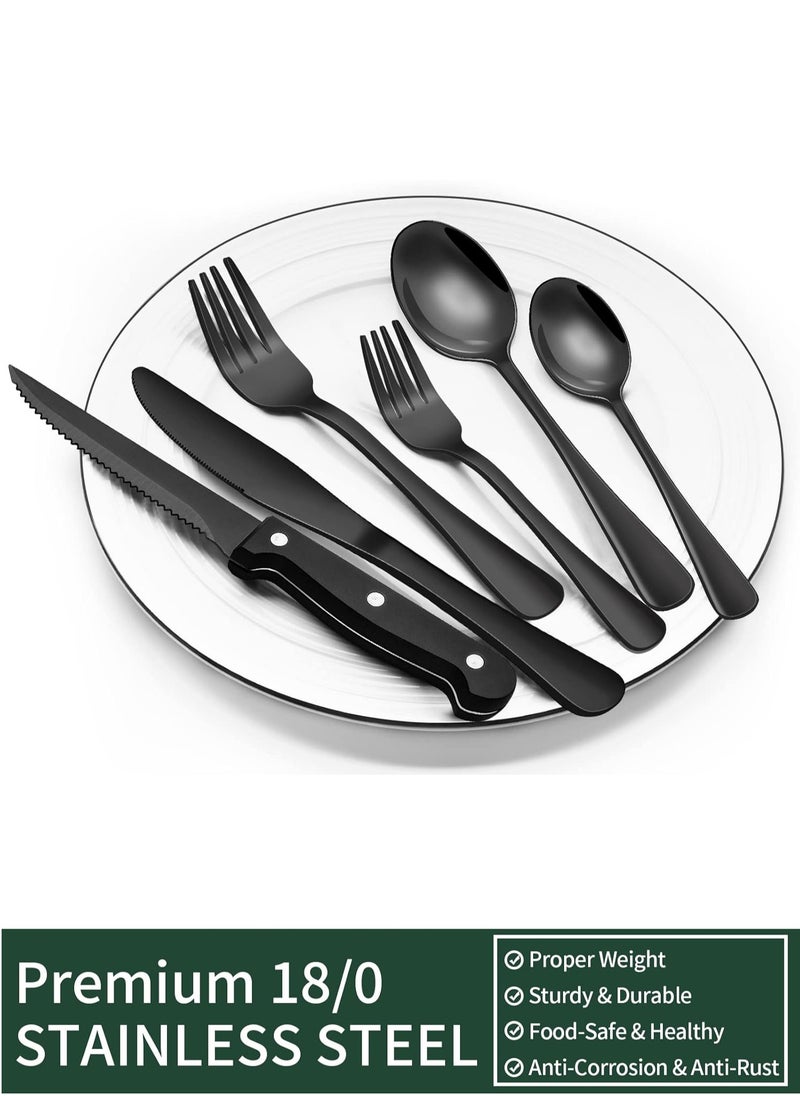 24-Piece Black Silverware Set with Steak Knives, Black Flatware Set for 4, Food-Grade Stainless Steel Tableware Cutlery Set, Mirror Finished Utensil Sets for Home Restaurant