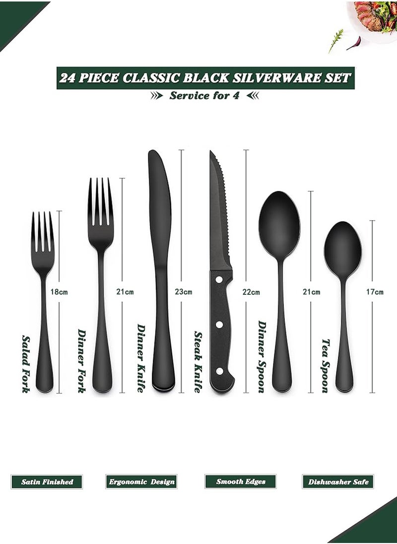 24-Piece Black Silverware Set with Steak Knives, Black Flatware Set for 4, Food-Grade Stainless Steel Tableware Cutlery Set, Mirror Finished Utensil Sets for Home Restaurant