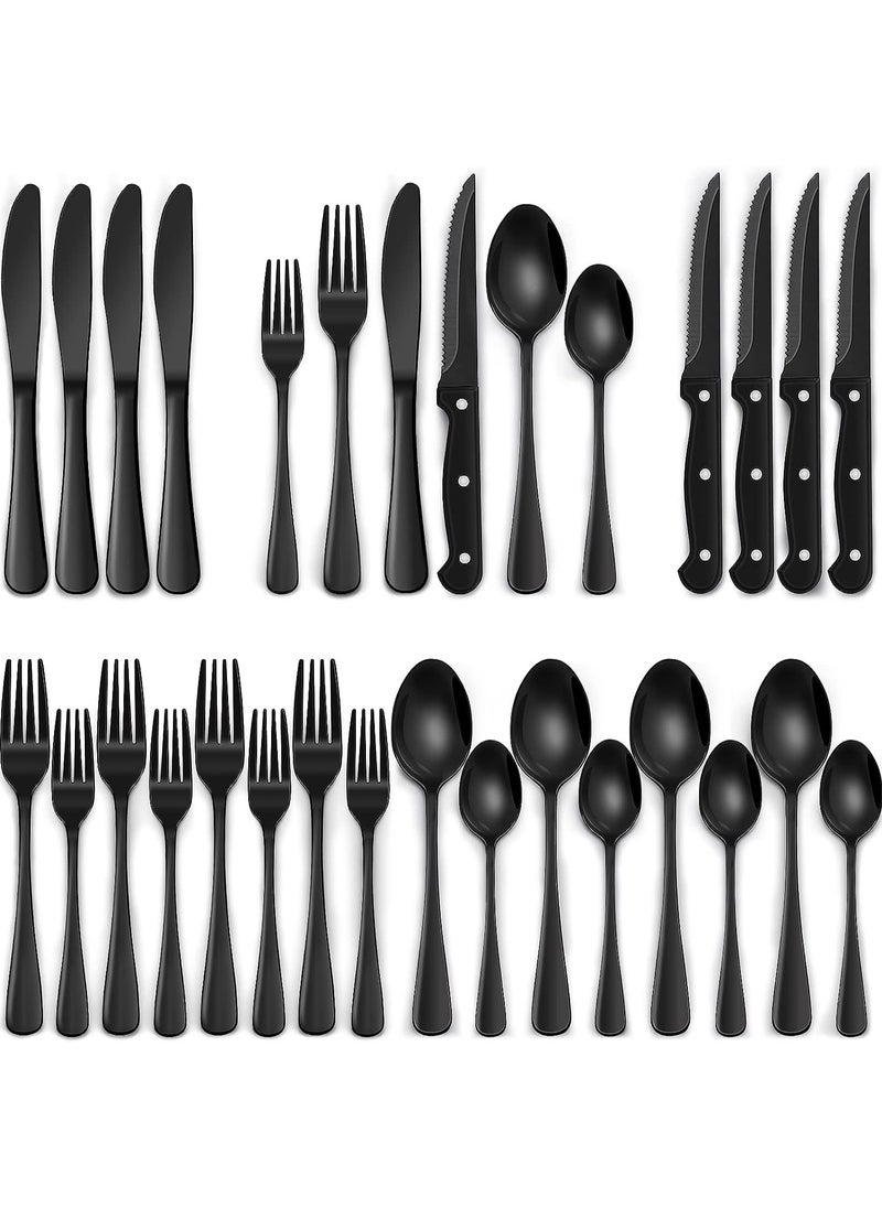 24-Piece Black Silverware Set with Steak Knives, Black Flatware Set for 4, Food-Grade Stainless Steel Tableware Cutlery Set, Mirror Finished Utensil Sets for Home Restaurant