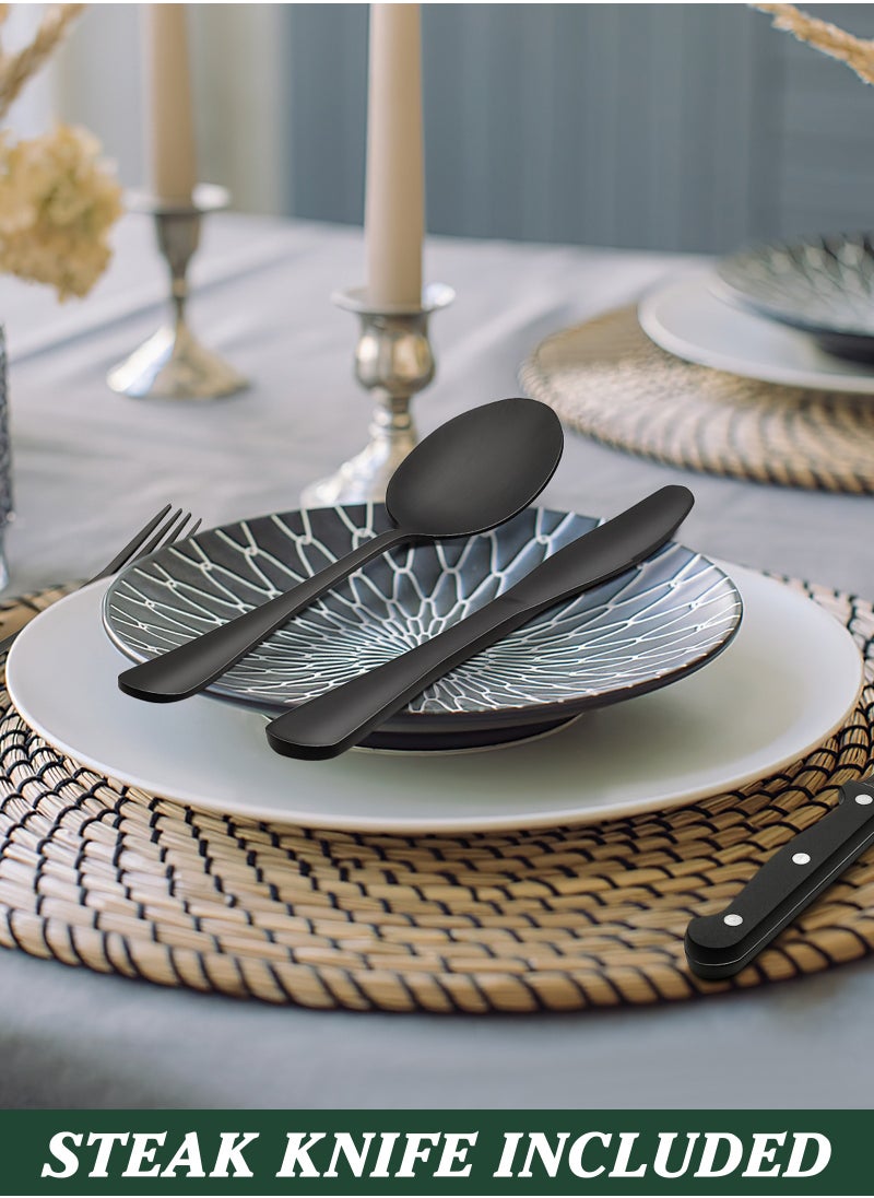 24-Piece Black Silverware Set with Steak Knives, Black Flatware Set for 4, Food-Grade Stainless Steel Tableware Cutlery Set, Mirror Finished Utensil Sets for Home Restaurant