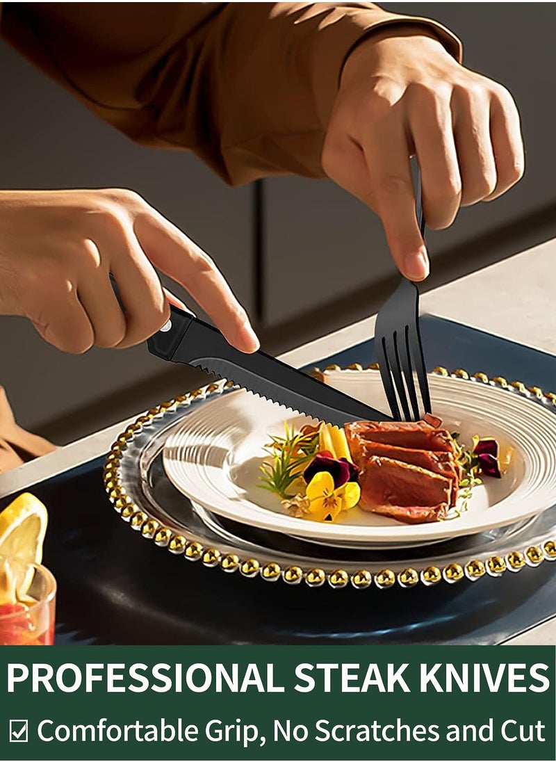 24-Piece Black Silverware Set with Steak Knives, Black Flatware Set for 4, Food-Grade Stainless Steel Tableware Cutlery Set, Mirror Finished Utensil Sets for Home Restaurant