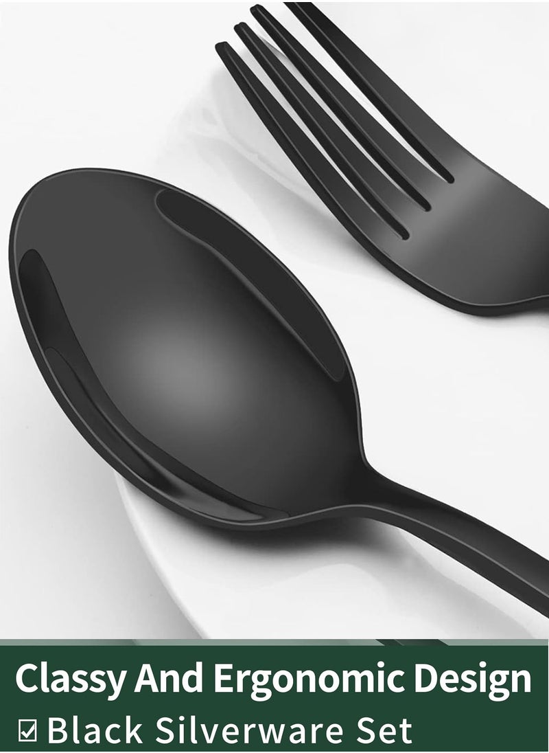 24-Piece Black Silverware Set with Steak Knives, Black Flatware Set for 4, Food-Grade Stainless Steel Tableware Cutlery Set, Mirror Finished Utensil Sets for Home Restaurant