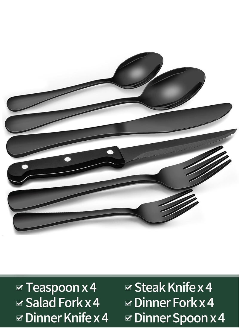 24-Piece Black Silverware Set with Steak Knives, Black Flatware Set for 4, Food-Grade Stainless Steel Tableware Cutlery Set, Mirror Finished Utensil Sets for Home Restaurant