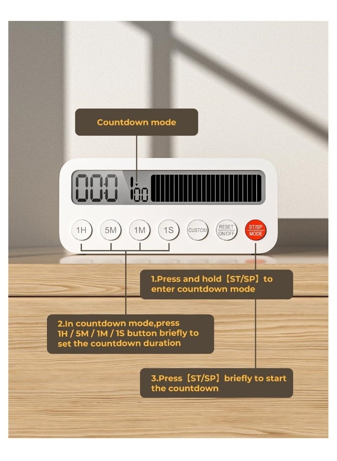 Digital Timer with Countdown Progress Bar, Magnetic Timer for Classroom, 3 Volume Levels, Mute-Low-High, Clock Mode, Memory Function, Timer for Kids