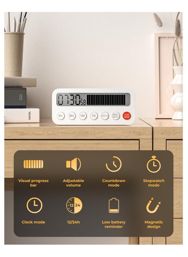Digital Timer with Countdown Progress Bar, Magnetic Timer for Classroom, 3 Volume Levels, Mute-Low-High, Clock Mode, Memory Function, Timer for Kids