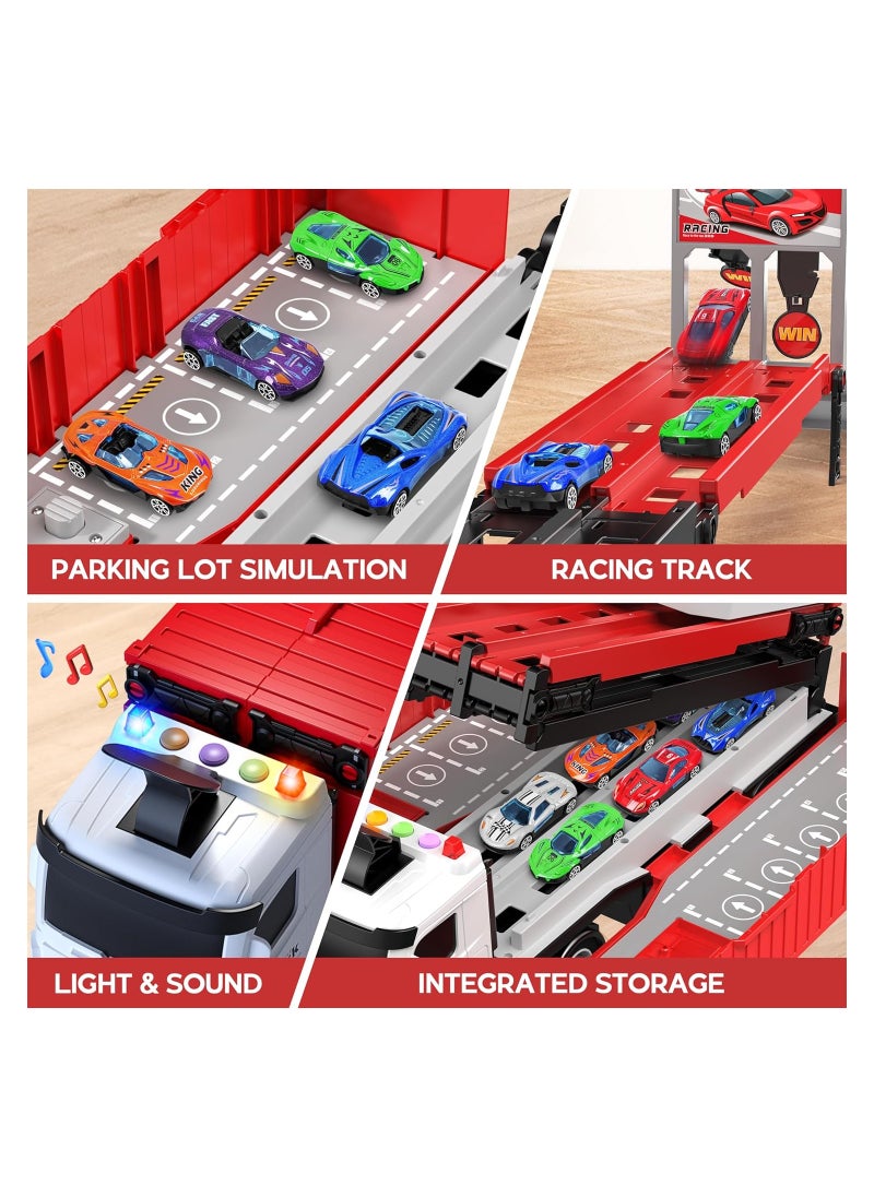 Race Car Track Toy Truck Toy with Slots u0026 Foldable Race Tracks Transport Car Carrier Toy for Toddlers Cars Toy Set Container Truck Toy with 8 Alloy Cars Vehicles Toy Set for 3+ Kids Boys Girls