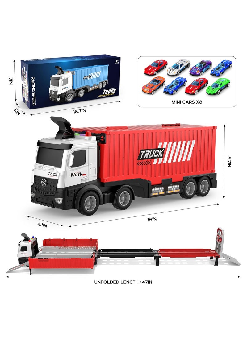 Race Car Track Toy Truck Toy with Slots u0026 Foldable Race Tracks Transport Car Carrier Toy for Toddlers Cars Toy Set Container Truck Toy with 8 Alloy Cars Vehicles Toy Set for 3+ Kids Boys Girls
