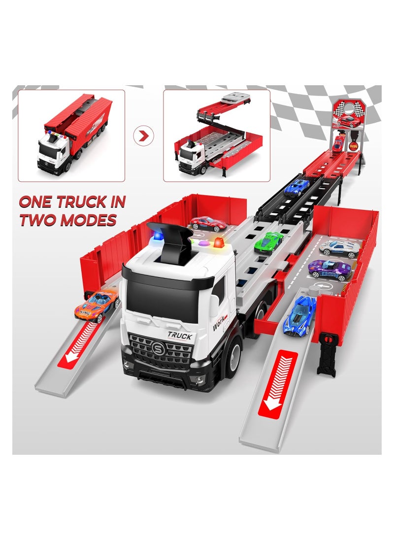 Race Car Track Toy Truck Toy with Slots u0026 Foldable Race Tracks Transport Car Carrier Toy for Toddlers Cars Toy Set Container Truck Toy with 8 Alloy Cars Vehicles Toy Set for 3+ Kids Boys Girls
