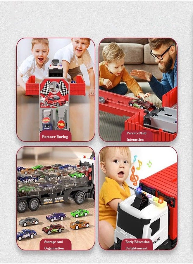 Race Car Track Toy Truck Toy with Slots u0026 Foldable Race Tracks Transport Car Carrier Toy for Toddlers Cars Toy Set Container Truck Toy with 8 Alloy Cars Vehicles Toy Set for 3+ Kids Boys Girls