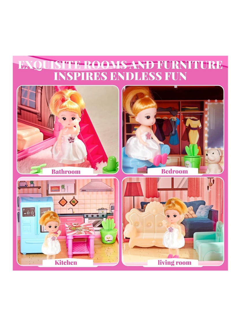 Doll House for Girls,13 Rooms Dollhouse with Dolls Figure, Puppies,Furnitures, Accessories, LED Light, Toddler Playhouse Gift for for 3 4 5 6 7 8 9 10 Year Old Girls Toys (Pink)