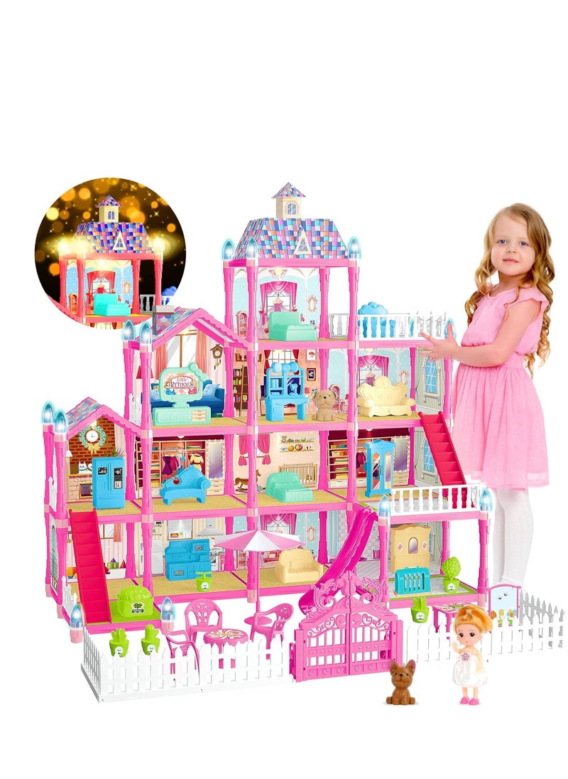 Doll House for Girls,13 Rooms Dollhouse with Dolls Figure, Puppies,Furnitures, Accessories, LED Light, Toddler Playhouse Gift for for 3 4 5 6 7 8 9 10 Year Old Girls Toys (Pink)