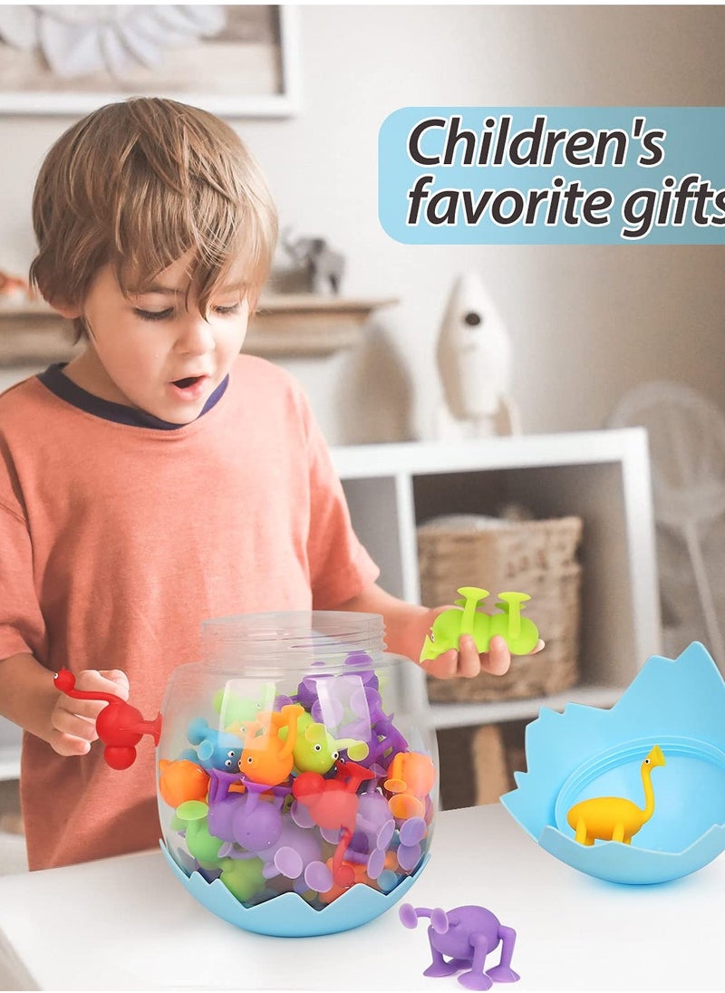 Suction Toys, 40 Pcs Kids Bath Toys Sensory Toys for 3 4 5 6 7 Year Old Boys Girls Stress Release Toys Travel Toys Suction Cup Toys Silicone Building Blocks with Dinosaur Eggshell Storage