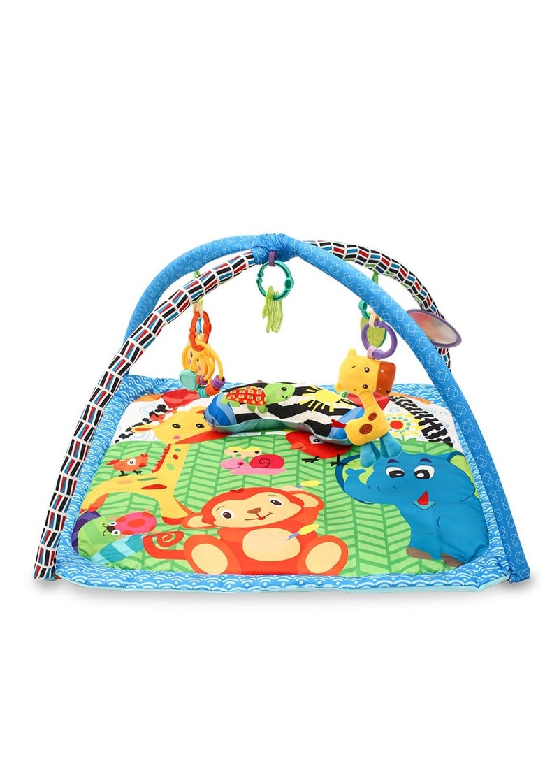 Wild Life Printed Activity Play Gym / Playmat For Infants With Soft Neck Pillow and Removable Toys Blue - A