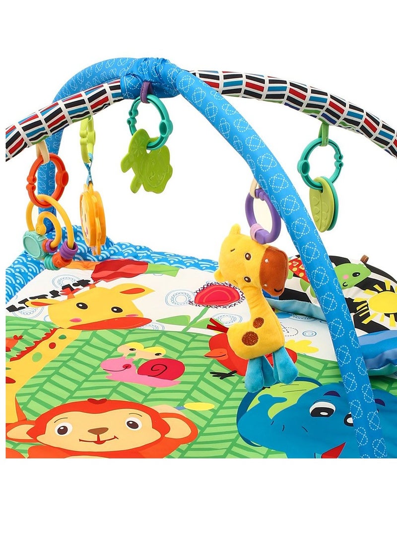 Wild Life Printed Activity Play Gym / Playmat For Infants With Soft Neck Pillow and Removable Toys Blue - A