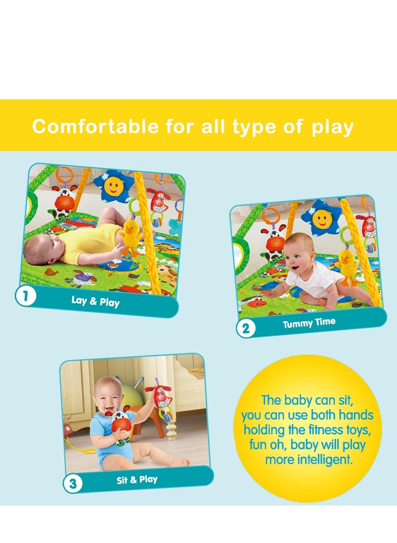Wild Life Printed Activity Play Gym / Playmat For Infants With Soft Neck Pillow and Removable Toys Blue - A