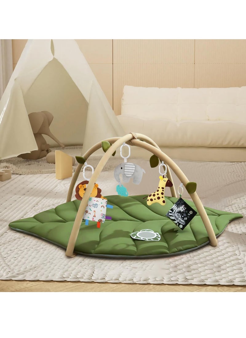 Leaf Shaped Baby Play Mat,Tummy Time Mat with 6 Detachable Toys for Engage Baby 6 Senses and Motor Skill Development, Machine Washable Play Mat (Green) for Infant for 0-36 months.
