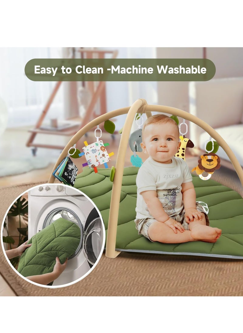 Leaf Shaped Baby Play Mat,Tummy Time Mat with 6 Detachable Toys for Engage Baby 6 Senses and Motor Skill Development, Machine Washable Play Mat (Green) for Infant for 0-36 months.