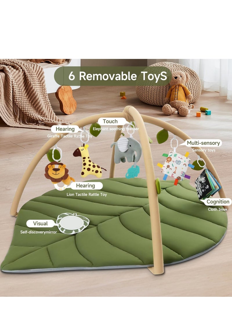 Leaf Shaped Baby Play Mat,Tummy Time Mat with 6 Detachable Toys for Engage Baby 6 Senses and Motor Skill Development, Machine Washable Play Mat (Green) for Infant for 0-36 months.