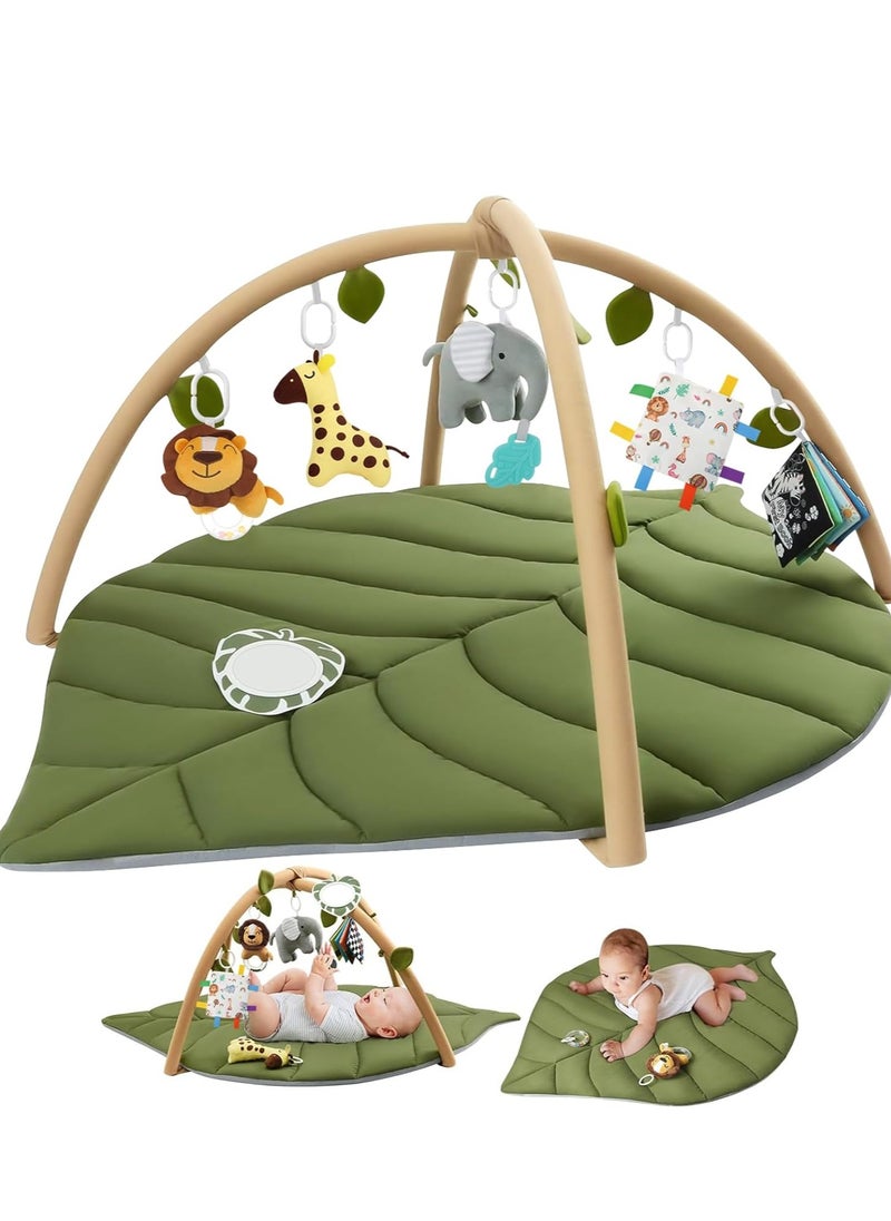 Leaf Shaped Baby Play Mat,Tummy Time Mat with 6 Detachable Toys for Engage Baby 6 Senses and Motor Skill Development, Machine Washable Play Mat (Green) for Infant for 0-36 months.