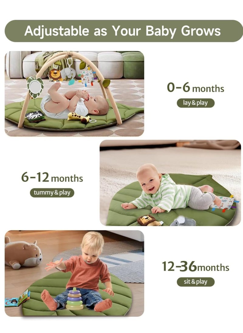 Leaf Shaped Baby Play Mat,Tummy Time Mat with 6 Detachable Toys for Engage Baby 6 Senses and Motor Skill Development, Machine Washable Play Mat (Green) for Infant for 0-36 months.
