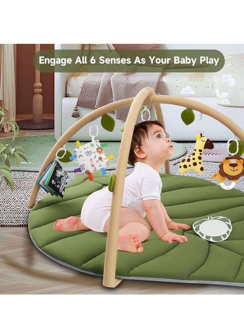 Leaf Shaped Baby Play Mat,Tummy Time Mat with 6 Detachable Toys for Engage Baby 6 Senses and Motor Skill Development, Machine Washable Play Mat (Green) for Infant for 0-36 months.