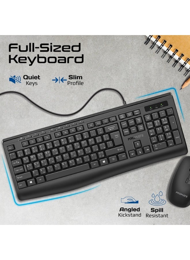Promate Combo-CM4 ErgoComfort™ Wired Keyboard with Media Keys and 2400 DPI Mouse