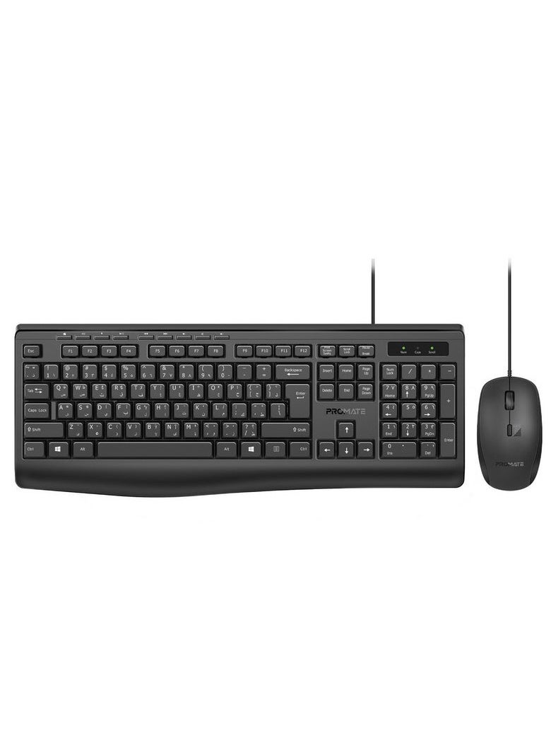 Promate Combo-CM4 ErgoComfort™ Wired Keyboard with Media Keys and 2400 DPI Mouse