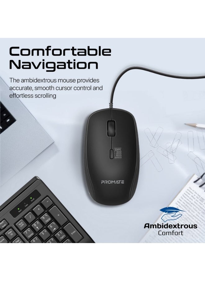 Promate Combo-CM4 ErgoComfort™ Wired Keyboard with Media Keys and 2400 DPI Mouse