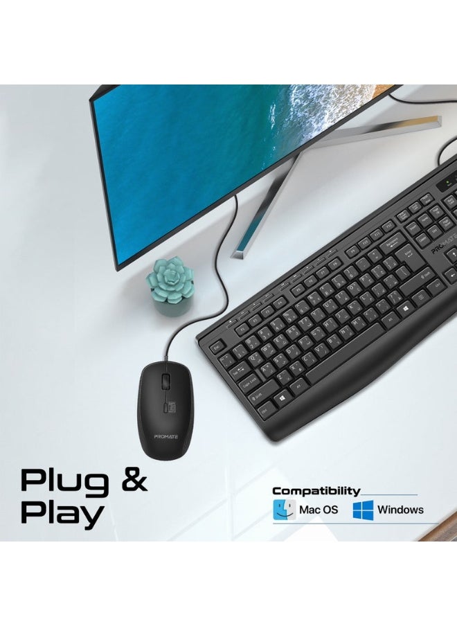 Promate Combo-CM4 ErgoComfort™ Wired Keyboard with Media Keys and 2400 DPI Mouse