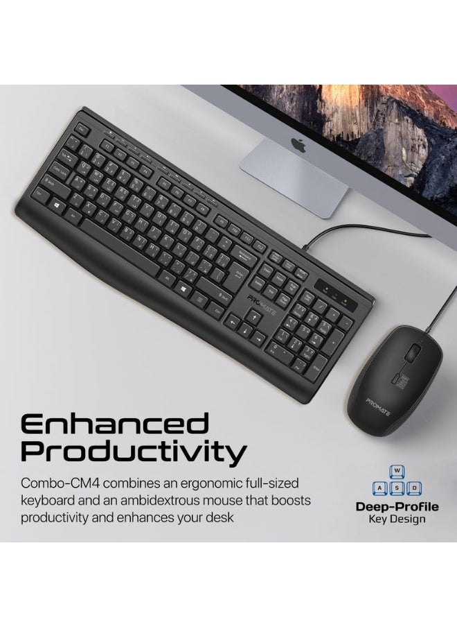 Promate Combo-CM4 ErgoComfort™ Wired Keyboard with Media Keys and 2400 DPI Mouse