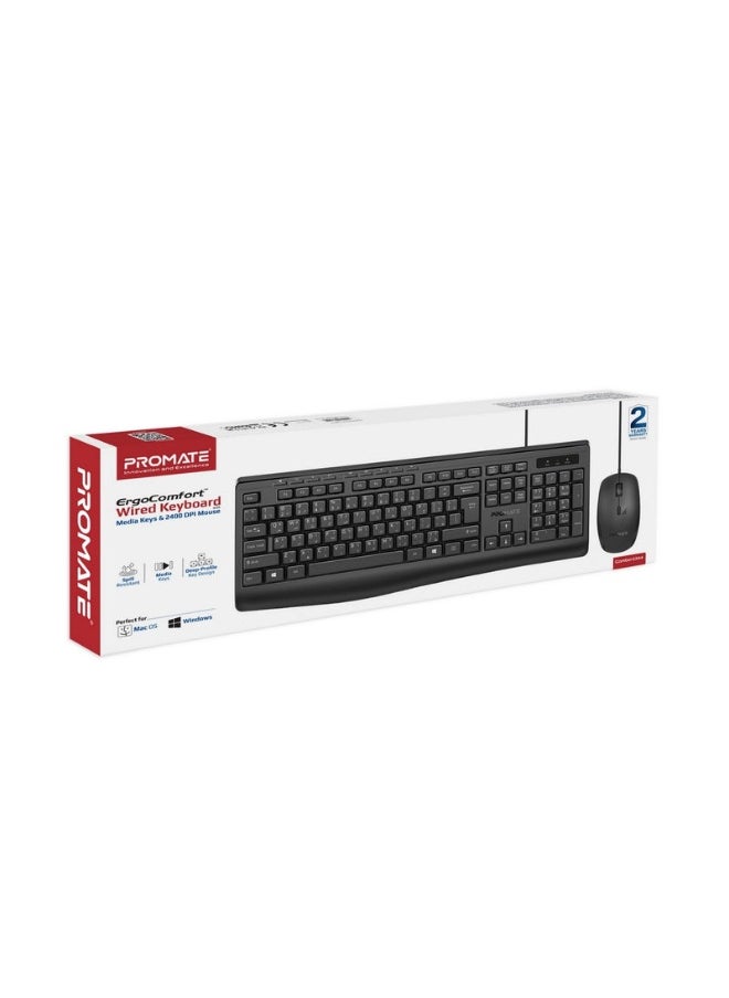 Promate Combo-CM4 ErgoComfort™ Wired Keyboard with Media Keys and 2400 DPI Mouse