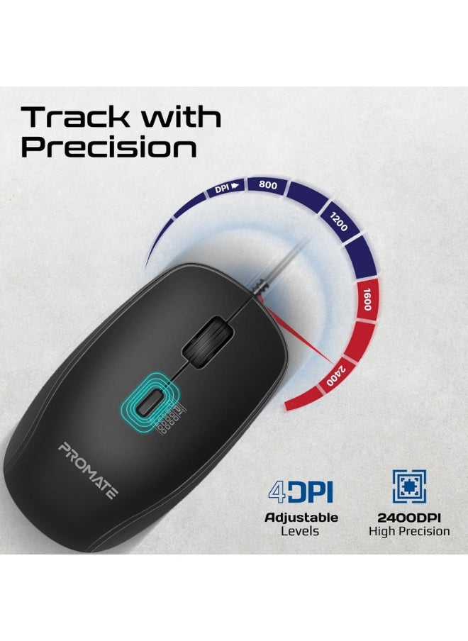 Promate Combo-CM4 ErgoComfort™ Wired Keyboard with Media Keys and 2400 DPI Mouse