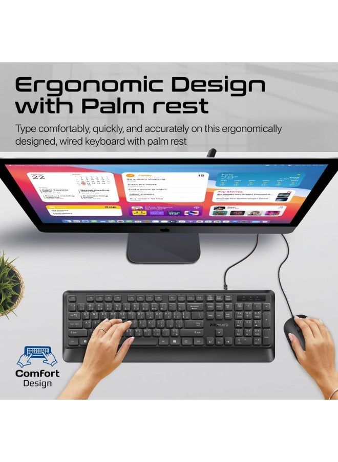 Promate combo-cm5 Ergonomic Wired Slim Keyboard with Palm Rest and 2400 DPI Mouse