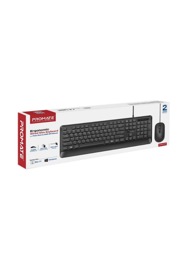 Promate combo-cm5 Ergonomic Wired Slim Keyboard with Palm Rest and 2400 DPI Mouse