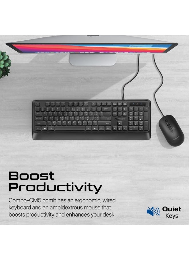 Promate combo-cm5 Ergonomic Wired Slim Keyboard with Palm Rest and 2400 DPI Mouse