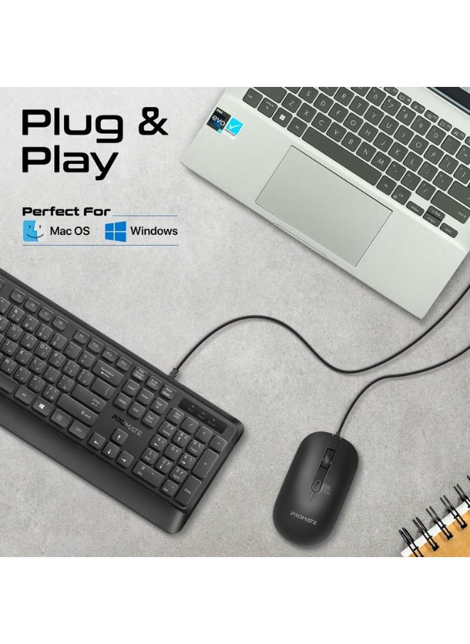 Promate combo-cm5 Ergonomic Wired Slim Keyboard with Palm Rest and 2400 DPI Mouse