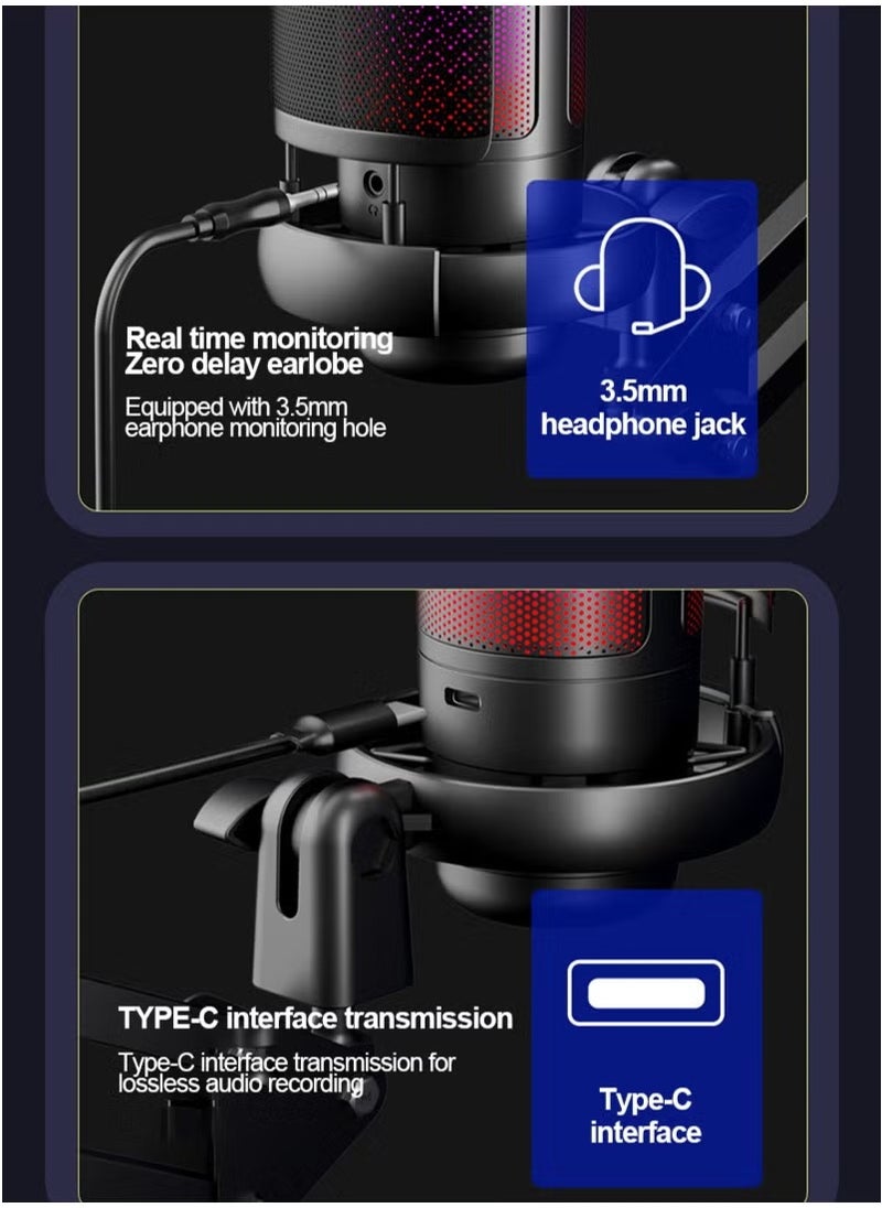Gaming PC USB Microphone,Podcast Condenser Mic with Boom Arm,Pop Filter, Mute Button for Streaming, Online Chat, RGB Computer Mic for PS4/5 PC Gamer Youtuber