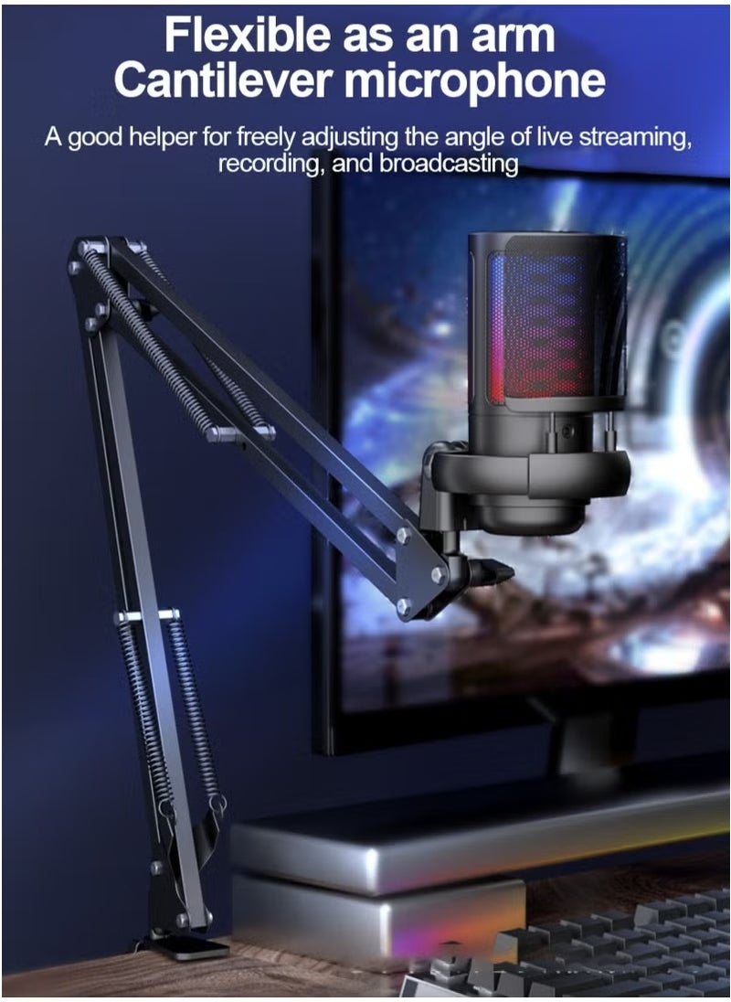 Gaming PC USB Microphone,Podcast Condenser Mic with Boom Arm,Pop Filter, Mute Button for Streaming, Online Chat, RGB Computer Mic for PS4/5 PC Gamer Youtuber