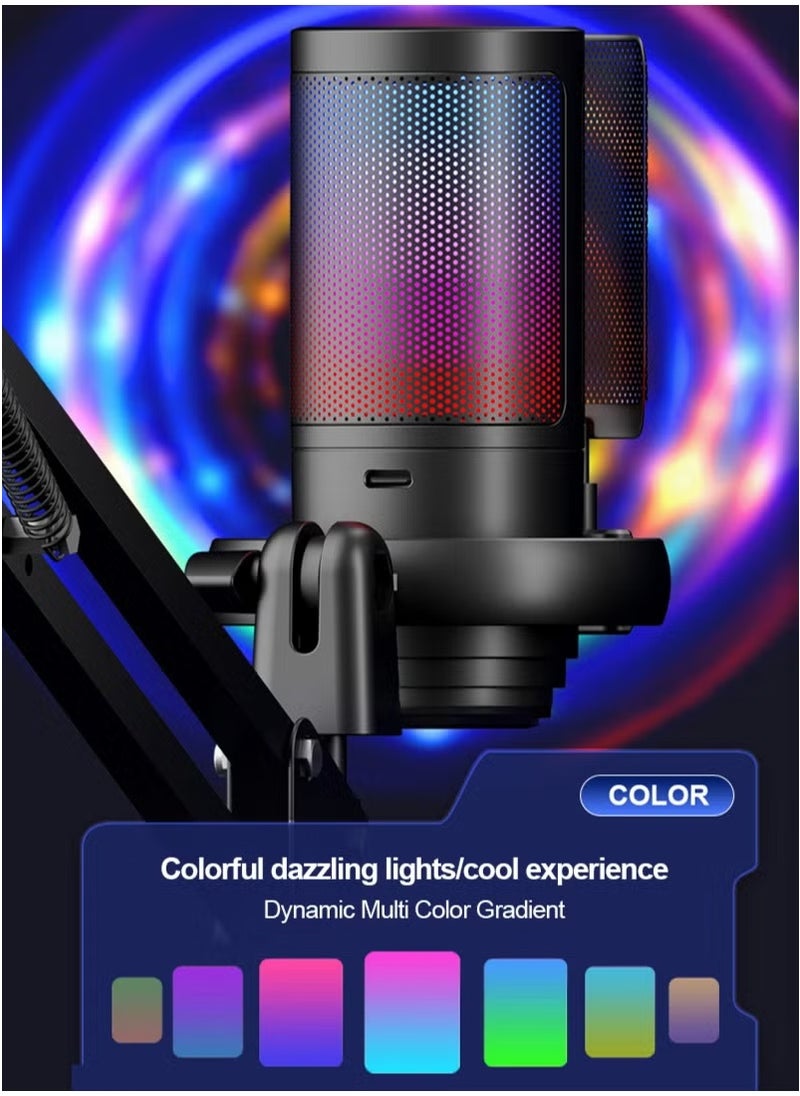 Gaming PC USB Microphone,Podcast Condenser Mic with Boom Arm,Pop Filter, Mute Button for Streaming, Online Chat, RGB Computer Mic for PS4/5 PC Gamer Youtuber