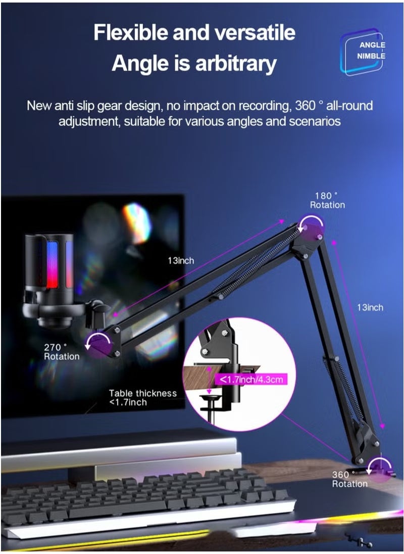 Gaming PC USB Microphone,Podcast Condenser Mic with Boom Arm,Pop Filter, Mute Button for Streaming, Online Chat, RGB Computer Mic for PS4/5 PC Gamer Youtuber
