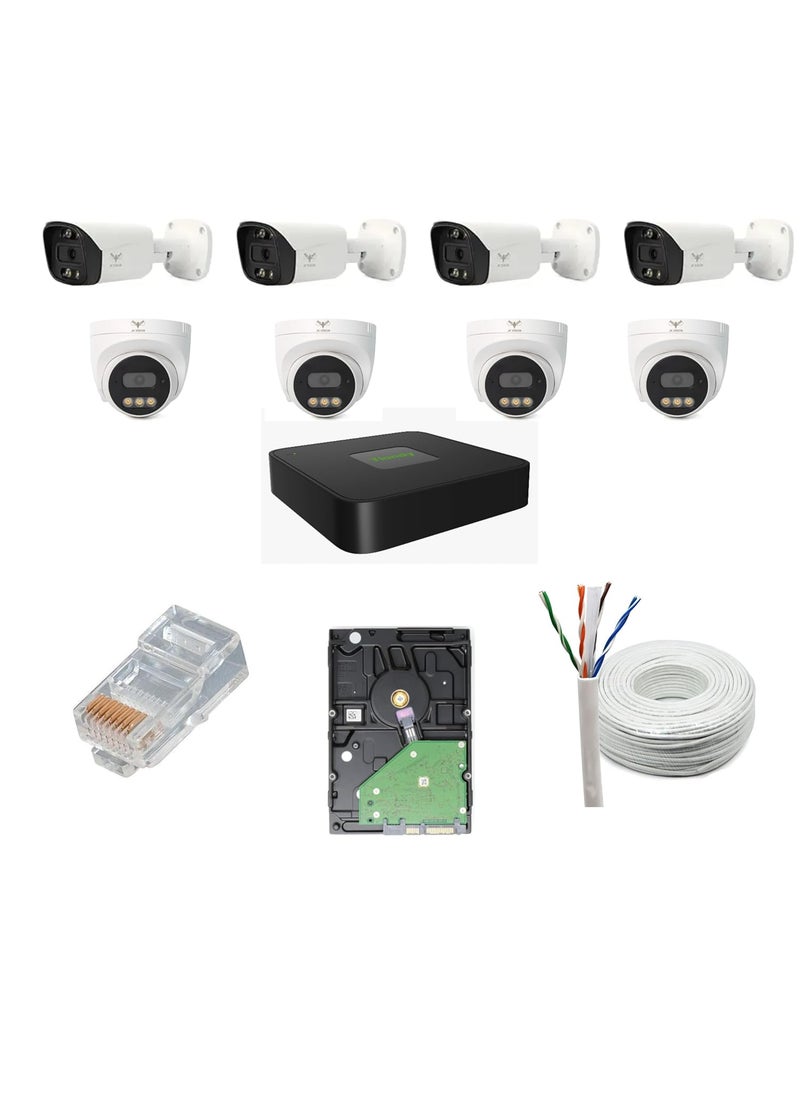 JK Vision 5MP CCTV IP Camera Full Set 4 Bullet 4 Dome 8 Channel NVR with inBuilt POE 2TB Hard Disk Cat6 Cable 100 Meter 16 RJ45 Connector