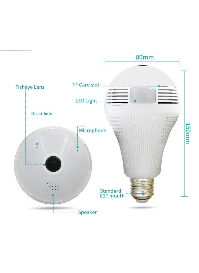 Sekuai 2MP 9601080p Spy Bulb Shape WiFi Security Panoramic Camera Video Audio Recording Fisheye 360Degree for Home Office Surveillance Motion DetectionLight VisionAlarm and Support 64Gb