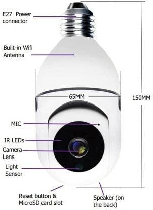 GREENEYE TECHNOLOGY GT CCTV Camera Series 1080p HD Bulb Light Wireless IP CameraFish Eye 360 Degree Panoramic Mini Lamp IR CCTV Home Security Camera Cloud Camera White