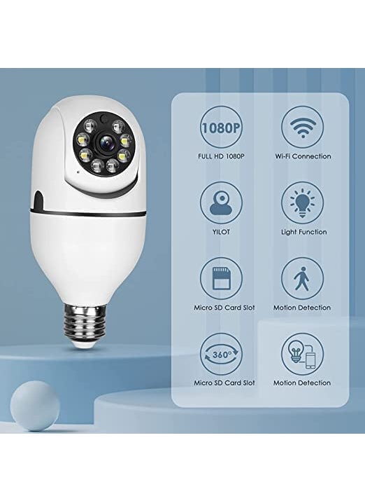 GREENEYE TECHNOLOGY GT CCTV Camera Series 1080p HD Bulb Light Wireless IP CameraFish Eye 360 Degree Panoramic Mini Lamp IR CCTV Home Security Camera Cloud Camera White