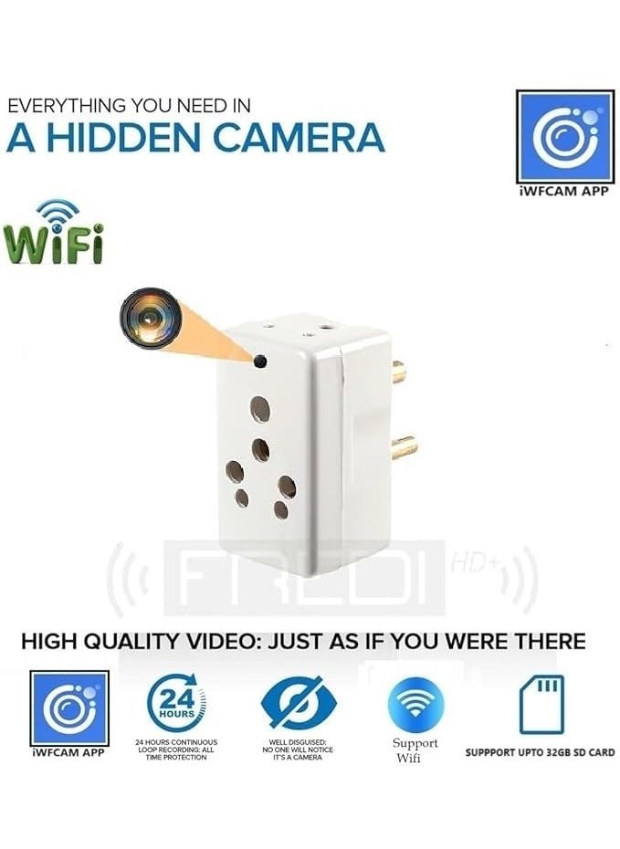 FREDI HD PLUS Plug Hidden Camera 3 Pin Multi Plug Camera Inbuilt 32GB SD Card Audio and Video Recording Live Feed Camera with WiFi Motion Detection iWFCam APP